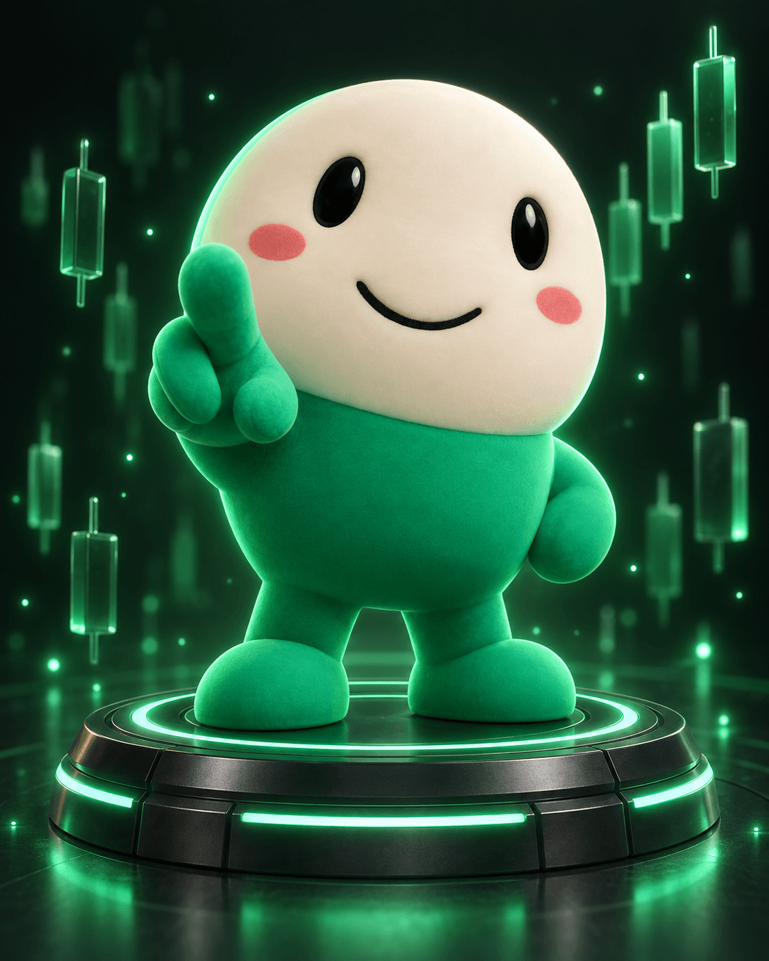 Cupsey, the smiling green mascot, standing on an emerald command pedestal